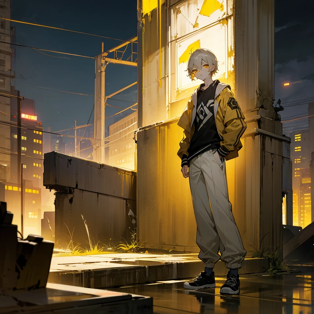 1male, young adult, finely detailed yellow eyes, pale yellow hair, wavy short hair, varsity jacket, loose shirt, baggy pants, standing on ruined building, night time, somber expression