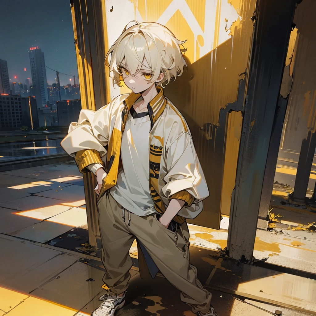 1male,  adult, finely detailed yellow eyes, pale yellow hair, wavy short hair, varsity jacket, loose shirt, baggy pants, standing on ruined building, night time, somber expression