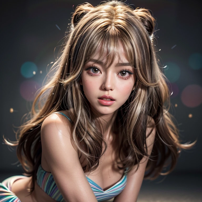 NSFW, 8k, High-level, absurd, masterpiece, best quality, primitive, very detailed CG, very detailed wallpaper, perfect lighting, Extremely detailed ((( personifying " Farrah Fawcett Majors " as a ))), MysticSight, Tyndall effect, Tyndall scattering, (Studio gray background with (Overflowing oodles Dazzling RainbowColorParticles (BokeH))), (RoundlyButts, ThighGap), (Exposed:0.4), (Assfocus with looking ahead) BREAK  (Acutance:0.88), (NOGIZAKA face variations) Extremely Detailed very KAWAII face variations, perfect anatomy, Childish, CaptivatingGaze ElaboratePupils detailed Eyes with (sparkling highlights:1.28), (Voluminous LongEyelashes、GlossyRED Lips with beautiful details, RosyCheeks, Radiant PearlSkin with Transparency . { (Dynamic LifeLike expressions:1.4) | :d) }, (large eyes:-1) .