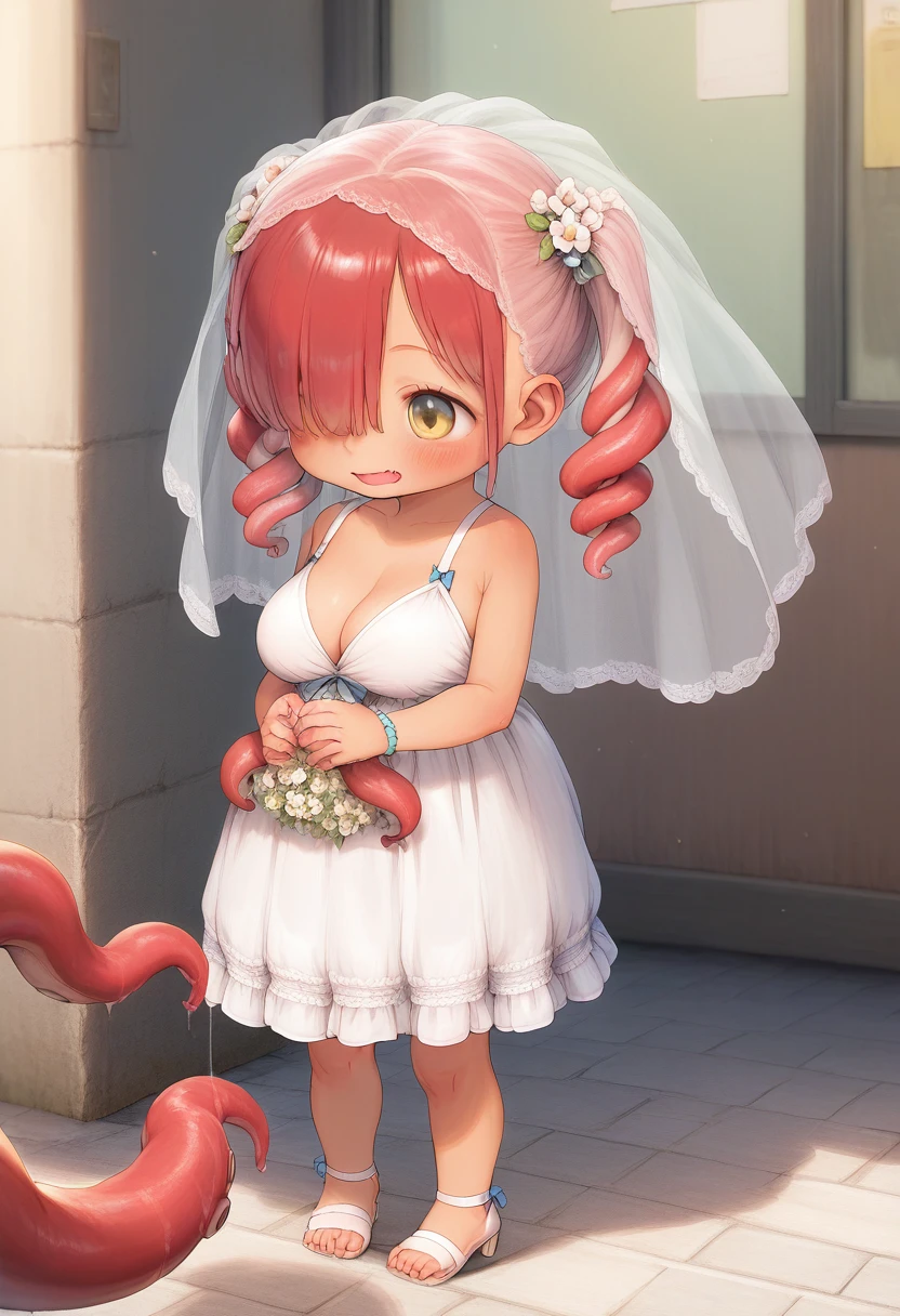 score_9, score_7_up, score_6_up, 1girl, source_cartoon, source_anime,breathtalking Scenery,watercolor,smooth soft skin, natural skin,
BREAK
(dark red skin:1.9), (:1.8), (little female child:1.8), (baby face:1.1),(6yo:),(loli tor:1.4),(mini girl:1.3),(octopus girl),(large breasts:1.1),(muffin top:0.9),(disproportionate breasts),
BREAK
(red tentacles hair:1.7),(red tentacles twin tails:1.6),(red hair:1.4),(long bangs:1.2),ultra cute face,(hair over one eye:1.5),(yellow eye:1.2),highlight on eyes,(fang:1.1),open mouth,(wavy mouth),tareme,smile,(Dark skin all over the body:1.9),
BREAK
Lace,(slender line wedding dress:1.5), lace, high heel,silk veil, looking up,hand holding white flower bouquet,(solo:1.2),
BREAK
In the heart of the city, where the desolate scene of closed shops and empty plazas prevailed, innovative pop-up events began to sprout, injecting a much-needed vibrancy and optimism into the urban landscape,full body,dynamicangle,dynamicpose,