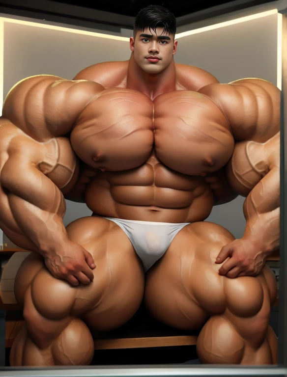 1boy, giant, model shoot style, staring, illuminating light, strong body, bulk, large size, sweaty & wet, at the white photo booth, nude, white triangular underwear, prominent bulge, very big, brutalmass, giant, muscular body, bulk, massive body, large meaty body size,