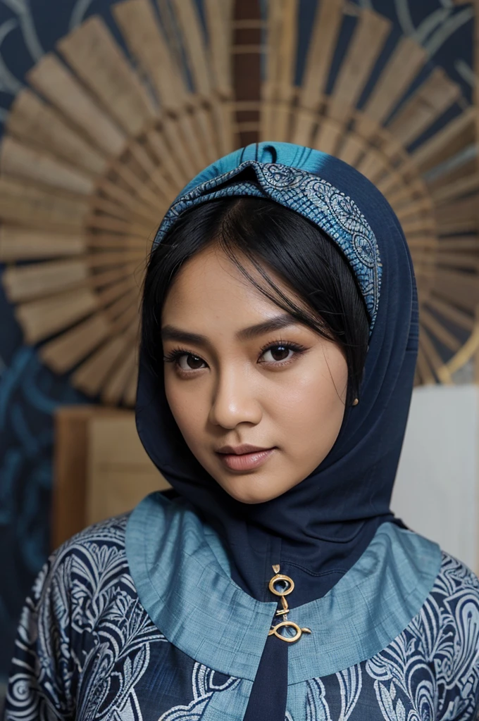 Foto suami dan  istri suami usia 39 tahun dengan rambut tipis kebelakang memakai batik biru ustri usia 32 tahun memakai hijab memakai baju batik warna biru dan background warna hitam