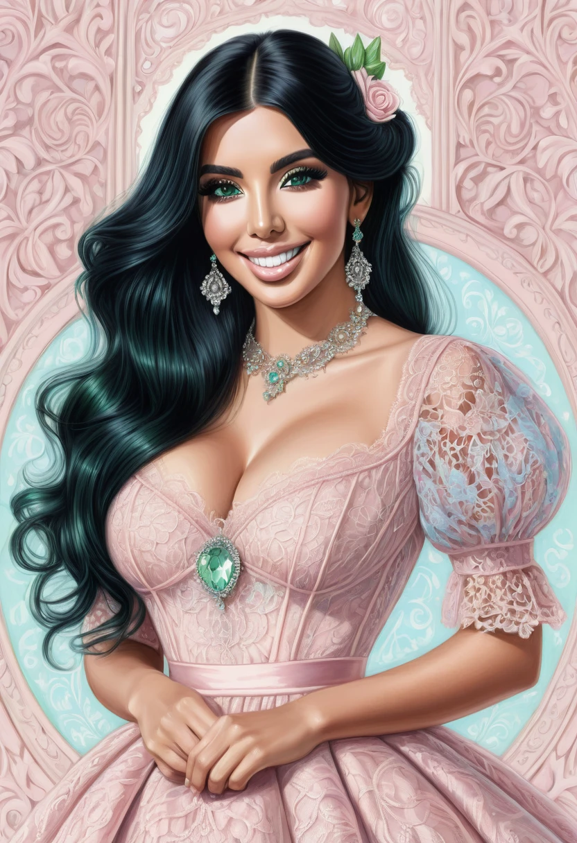 A colored pencil sketch of a beautiful victorian women who lokks like Kim Kardashian. Light Pink and Light blue dress. Green Eyes, Wide innocent smile, lace, jewels, large eyes, filligree. Pitch black hair.