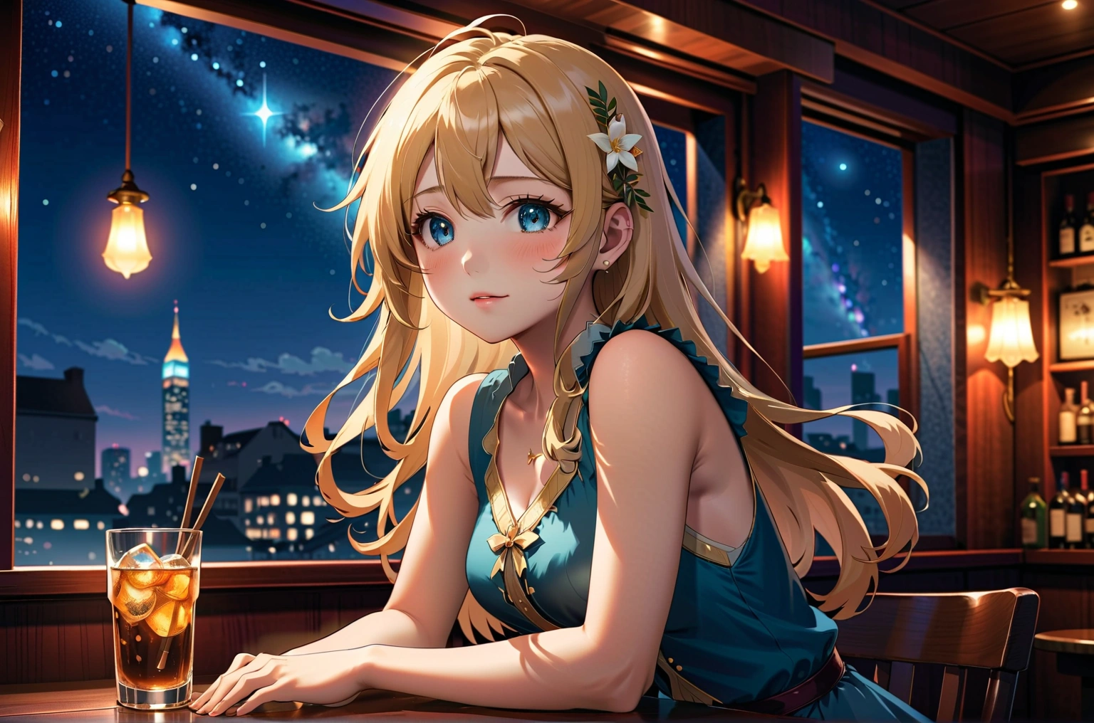 Uses Makoto Shinkai&#39;The depiction is perfect、Portrait of Sana Minatozaki,8k 4k masterpiece photo ,Tokyo,Glass ceiling jazz bar,I can see the twinkling stars through the glass window.,that&#39;Outside in the dark night,Jazz is playing,Profile showing left cheek,Beautiful profile,Calm expression,Long Hair,Blonde,Look in a different direction,Standing alone at the counter,Blue tube top dress,Large bust