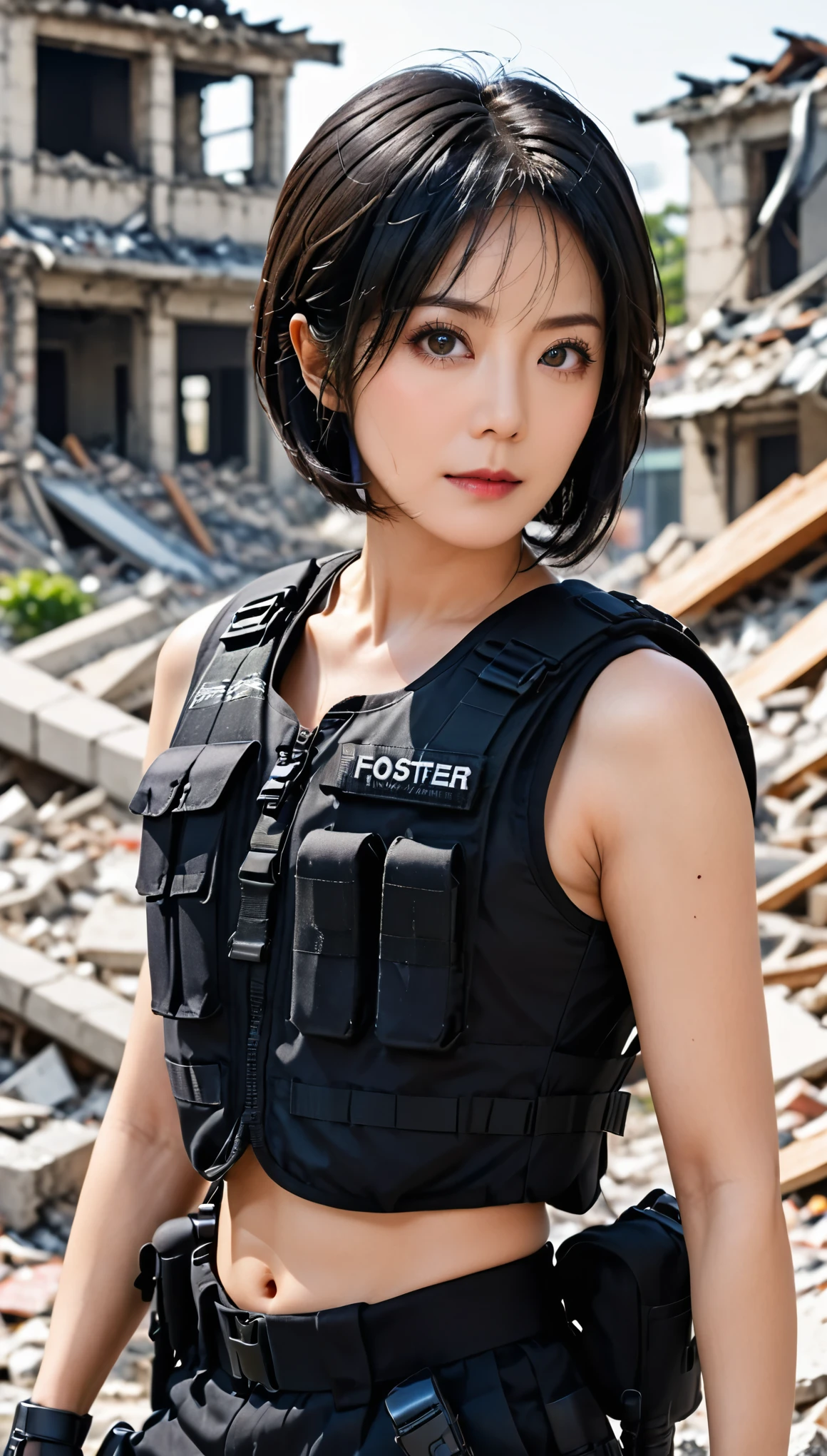 ((masterpiece)),((highest quality)),((High resolution)),((Very detailed)),One woman,48 years old,Mature Woman,Japanese,Black Hair,Short Bob,Beautiful Eyes,Long eyelashes,Beautiful Hair,Beautiful Skin,Serious,BREAK(((pointing pistol))),Handgun,SWAT Uniforms,black bulletproof vest, Combat Boots, Black Tactical Forster,Tactical Headset,(The background is the rubble of ruins),(((Background Blur)))