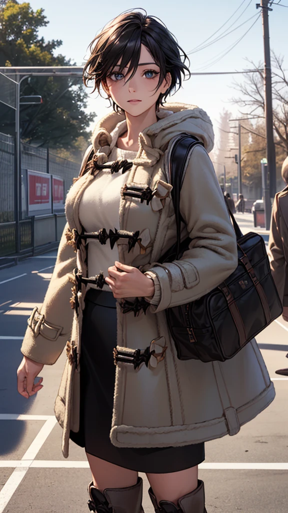 (masterpiece:1.2, Highest quality), (Realistic, photoRealistic:1.4), Beautiful illustrations, (Natural Side Lighting, Cinema Lighting), Browsing Caution, 
View your viewers, (Face Focus, Upper Body), Cowboy Shot, 1 Girl, Japanese, Beauty 30 years old, Perfect Face, (Perfect ???????:1.4), Cute and symmetrical face, Shiny skin, 
(short hair:1.2, Straight hair:1.2, Black Hair), Hair between the eyes, blue eyes, Big eyes, Long eyelashes, (Large Breasts), thin, 
Beautiful Hair, Beautiful Face, Beautiful attention to detail, Beautiful clavicle, Beautiful body, Beautiful breasts, Beautiful thighs, Beautiful feet, Beautiful Hands, 
(Open Court, Duffle coat, sweater:1.4, Black Skirt :1.4, Brown long boots:1.4), Emphasize the legs, 
(Beautiful views), winter, evening, (street tree, Urban area, it&#39;s snowing), walking, (Cute smile：1.4, Upward glance, Part your lips), 