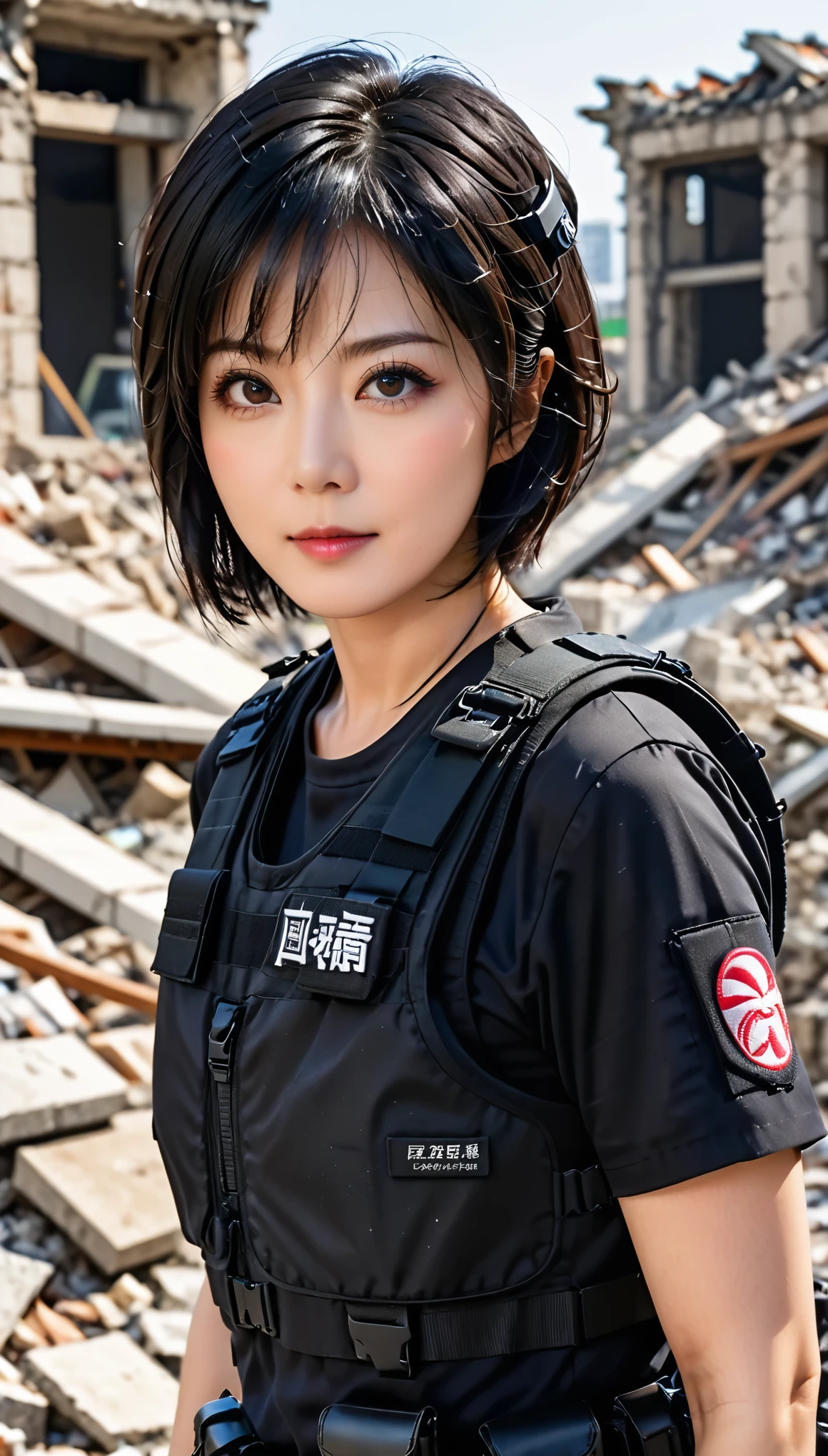 ((masterpiece)),((highest quality)),((High resolution)),((Very detailed)),One woman,48 years old,Mature Woman,Japanese,Black Hair,Short Bob,Beautiful Eyes,Long eyelashes,Beautiful Hair,Beautiful Skin,Serious,BREAK(((pointing pistol))),Handgun,SWAT Uniforms,black bulletproof vest, Combat Boots, Black Tactical Forster,Tactical Headset,(The background is the rubble of ruins),(((Background Blur)))