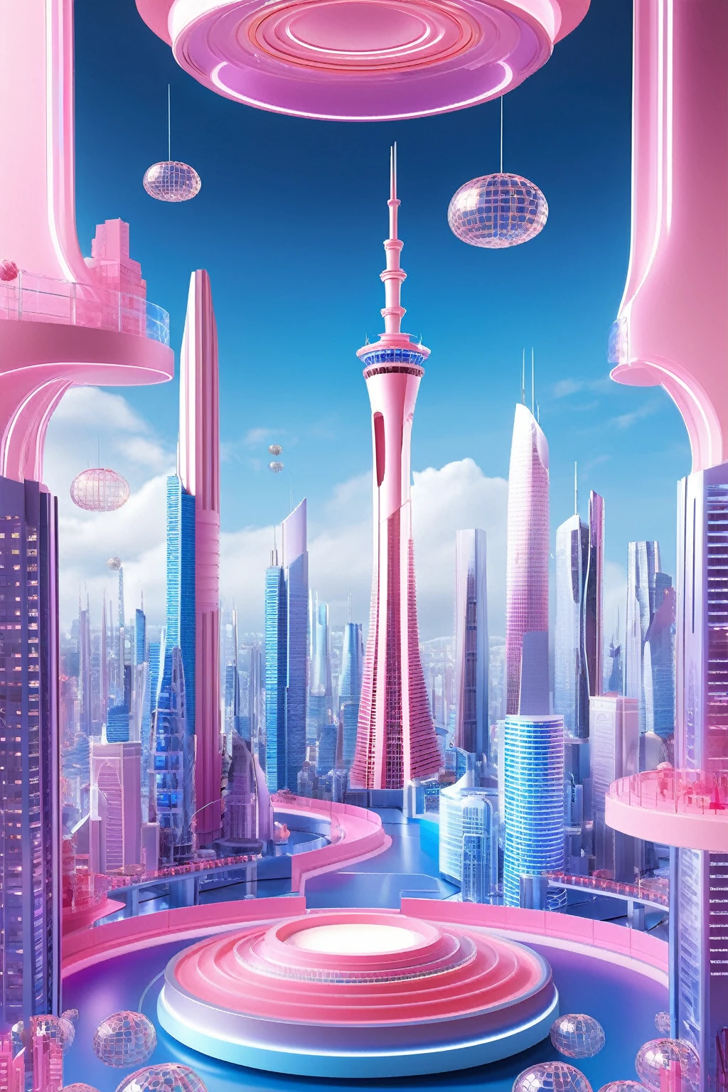 futuristic city，Sky Tower soars,Use a vibrant stage background style,Group F/,Asai Miki,Money theme,Round,International Klein Blue and Barbie Pink,Unreal Engine 5,c4d,Blender,negotiate,