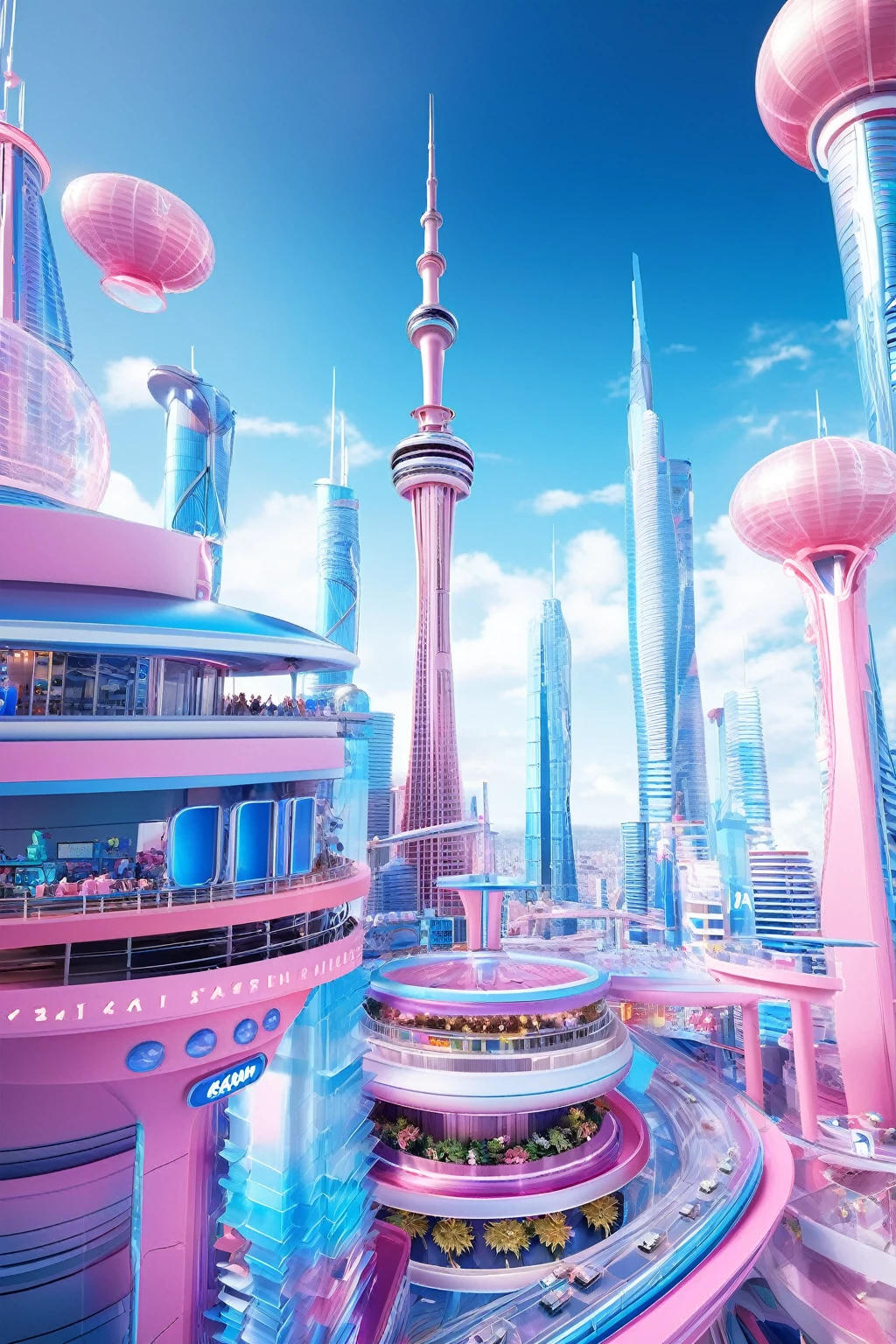 futuristic city，Sky Tower soars,Use a vibrant stage background style,Group F/,Asai Miki,Money theme,Round,International Klein Blue and Barbie Pink,Unreal Engine 5,c4d,Blender,negotiate,