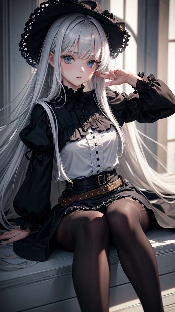 Siesta has chin-length white hair, Birkin bangs, and sky blue eyes. She also pins several bobby pins to the right side of her hair and wears a simple belt. His attire is monochromatic, consisting of an unbuttoned gray jacket, closed at the top with a red bow; a black blouse underneath; and a gray skirt with ruffled fabric underneath and suspended lace above. Siesta wears black pantyhose and Mary Janes. Her outfit is very reminiscent of the gothic lolita aesthetic.