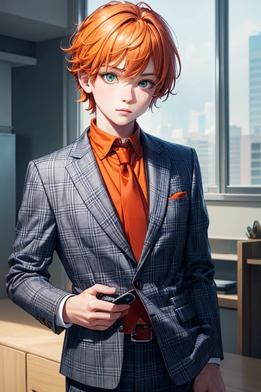 realistic drawing, girl disguised as a boy, orange hair, green eyes, blue blazer , turtleneck blouse, red tie, gray plaid pants.