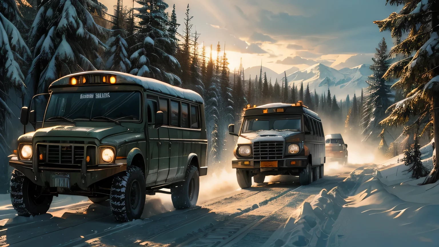 Dramatic lighting, chiaroscuro, bright and sunny daytime, long convoy of recycled old vehicles, an armoured APC, rusty school bus, old pickups with roof-mounted guns, driving fast through a dense spruce forest in deep snow