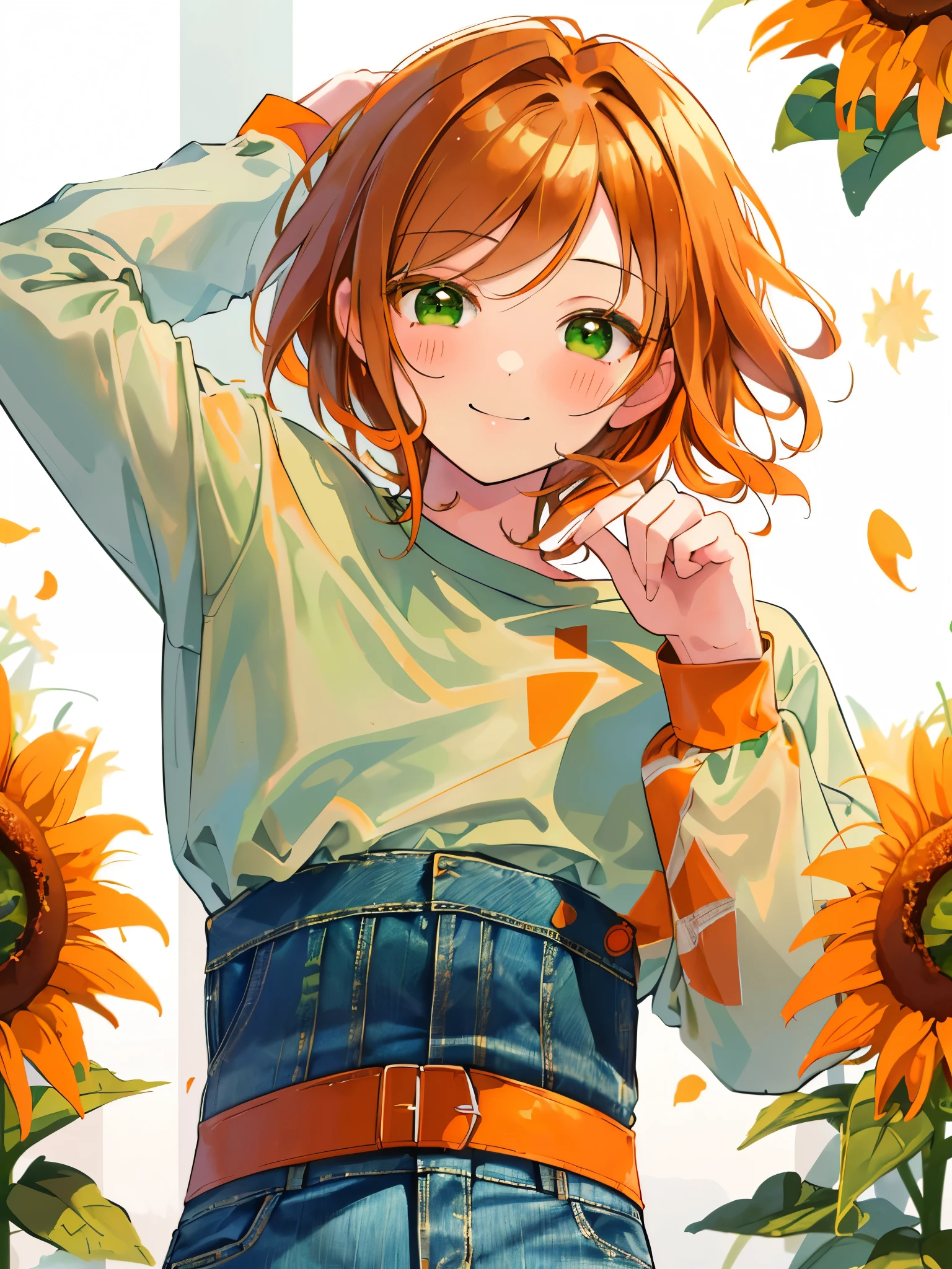 masterpiece、Highest quality、Super detailed、Very delicate、solo、One boy、1 male、(Orange brown hair:1.25),(Fluffy hair:1.2),(short hair:1.2),(Center parted bangs),sunflower,(Green Eyes:1.4),(blush)、smile,(Long sleeve shirt:1.25),(denim:1.35),