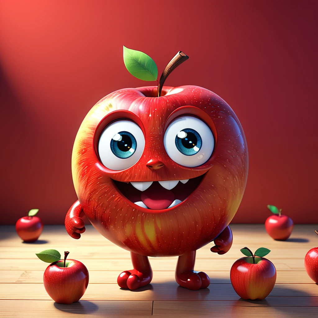 A cute apple monster with big eyes and a round red body, happily smiling. The cartoon character is designed in the style of Pixar animation studio, created using C4D software. It has an adorable red color scheme and showcases a playful expression. This vibrant scene adds humor to your mobile phone wallpaper. --ar 1:1 --v 6.0 --3D render