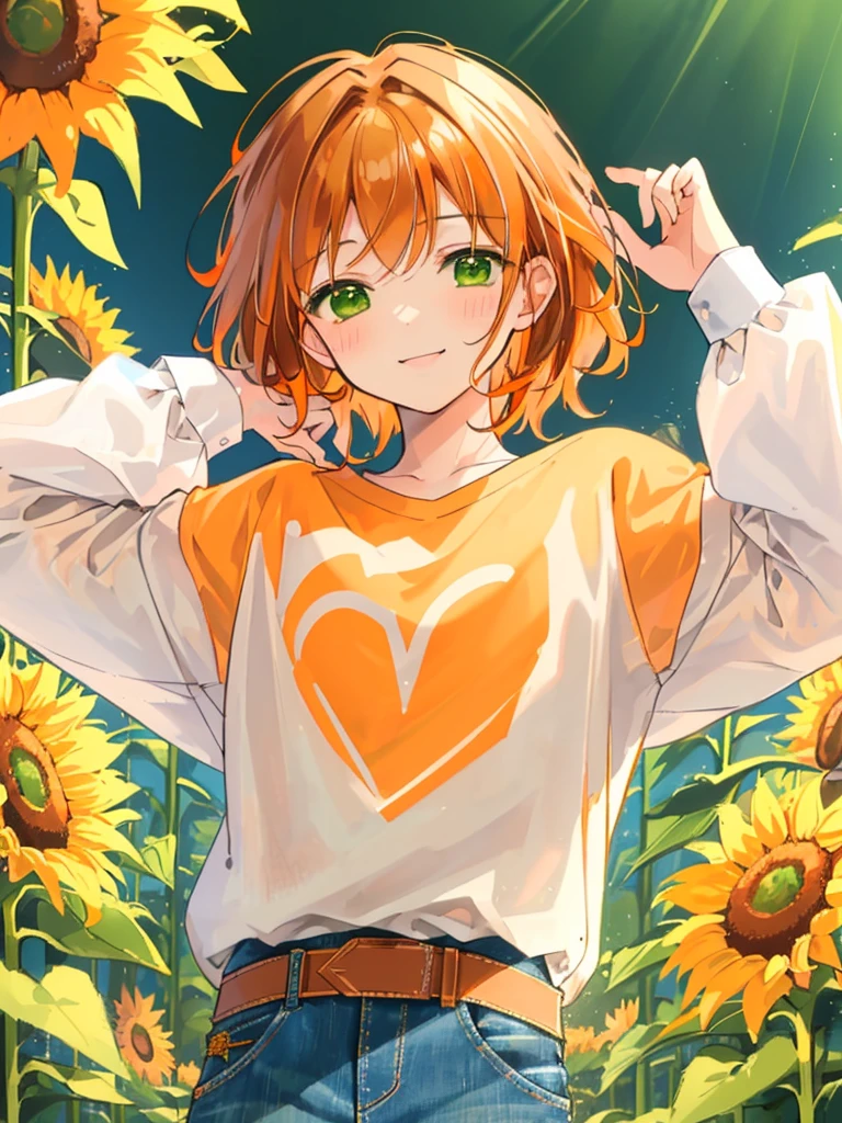 masterpiece、Highest quality、Super detailed、Very delicate、solo、One boy、1 male、(Orange brown hair:1.25),(Fluffy hair:1.2),(short hair:1.2),(Center parted bangs),sunflower,(Green Eyes:1.4),(blush)、smile,(Long sleeve shirt:1.25),(denim:1.35),