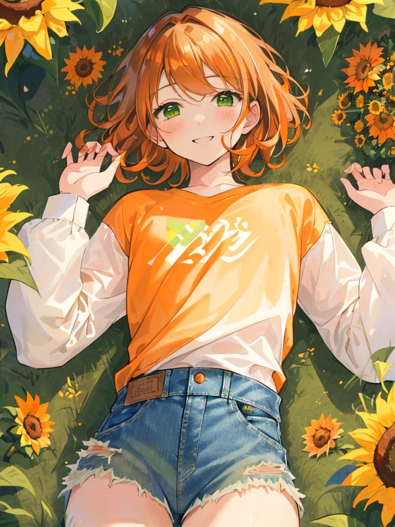 masterpiece、Highest quality、Super detailed、Very delicate、solo、One boy、1 male、(Orange brown hair:1.25),(Fluffy hair:1.2),(short hair:1.2),(Center parted bangs),sunflower,(Green Eyes:1.4),(blush)、smile,(Long sleeve shirt:1.25),(denim:1.35),