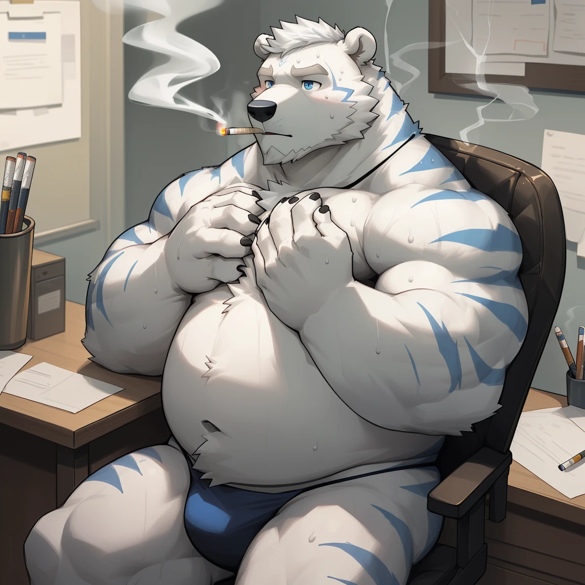 masterpiece, best quality, 8k resolution, Very detailed, hairy,(((polar bear)),(((Number of cigarettes:1))),(((blue eyes))),(((Mature))),(((beard))),(((Strong))),(((White hair all over body))),portrait,(((White hair))),(((body blue stripes))),(((office))),For the audience,(((Shirtless))),Highest quality scene,Solitary,solitary,(((whole body))),(((Sweating))),(((sit on the chair))),(((Desk))),(((Shirtless))),((Fat-enclosed muscle)),(((thong))),((August)),(((Round face))),(((alone))),(((Strong body))),(((Hip bulge))),(((Holding a cigarette))),(((Cross your hands on your chest)))