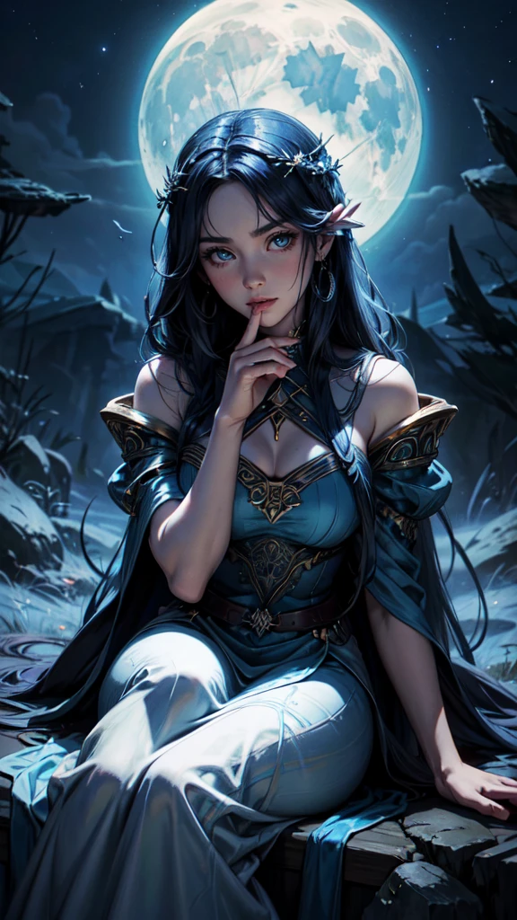 arafed woman in a blue dress sitting on a rock, Lucian, lunar goddess, karol bak uhd, portrait of a norse moon goddess, moonlit night dreamy atmosphere, Fantasy Woman, Goddess of the moon, dream magical、aethereal、darkly, Ethereal beauty, lunar goddess, Beautiful Rapunzel, beautiful fantasy maiden, dreamy night
,detailedface, detailed eyes, detailed hands