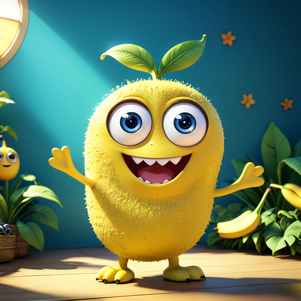 A cute banana monster with big eyes and a long yellow body, happily smiling. The cartoon character is designed in the style of Pixar animation studio, created using C4D software. It has an adorable yellow color scheme and showcases a playful expression. This vibrant scene adds humor to your mobile phone wallpaper. --ar 1:1 --v 6.0 --3D render