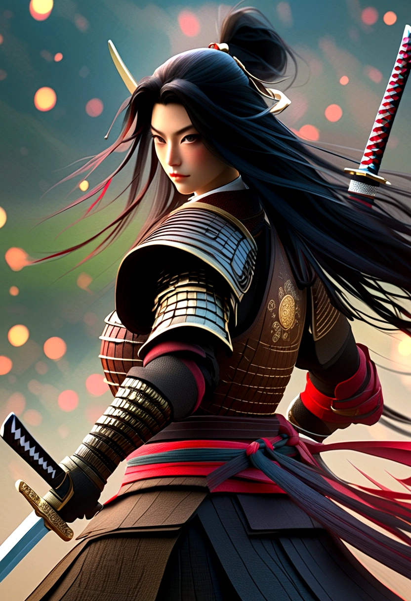 a picture of Japanese female samurai, she has long black hair, wearing samurai armor, armed with a katana, ready for battle, dynamic angle,, Japanese fantasy art, (Masterpiece: 1.5), 16k, highres, best quality, high details, ultra detailed, masterpiece, best quality, (extremely detailed), arafed, dnd art, , magical dagger