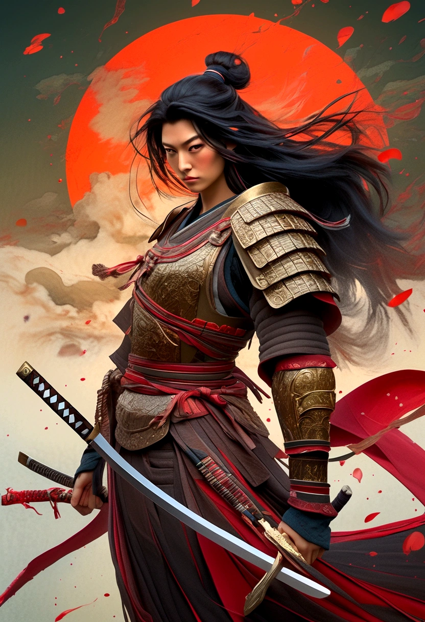 a picture of Japanese female samurai, she has long black hair, wearing samurai armor, armed with a katana, ready for battle, dynamic angle,, Japanese fantasy art, (Masterpiece: 1.5), 16k, highres, best quality, high details, ultra detailed, masterpiece, best quality, (extremely detailed), arafed, dnd art, , magical dagger