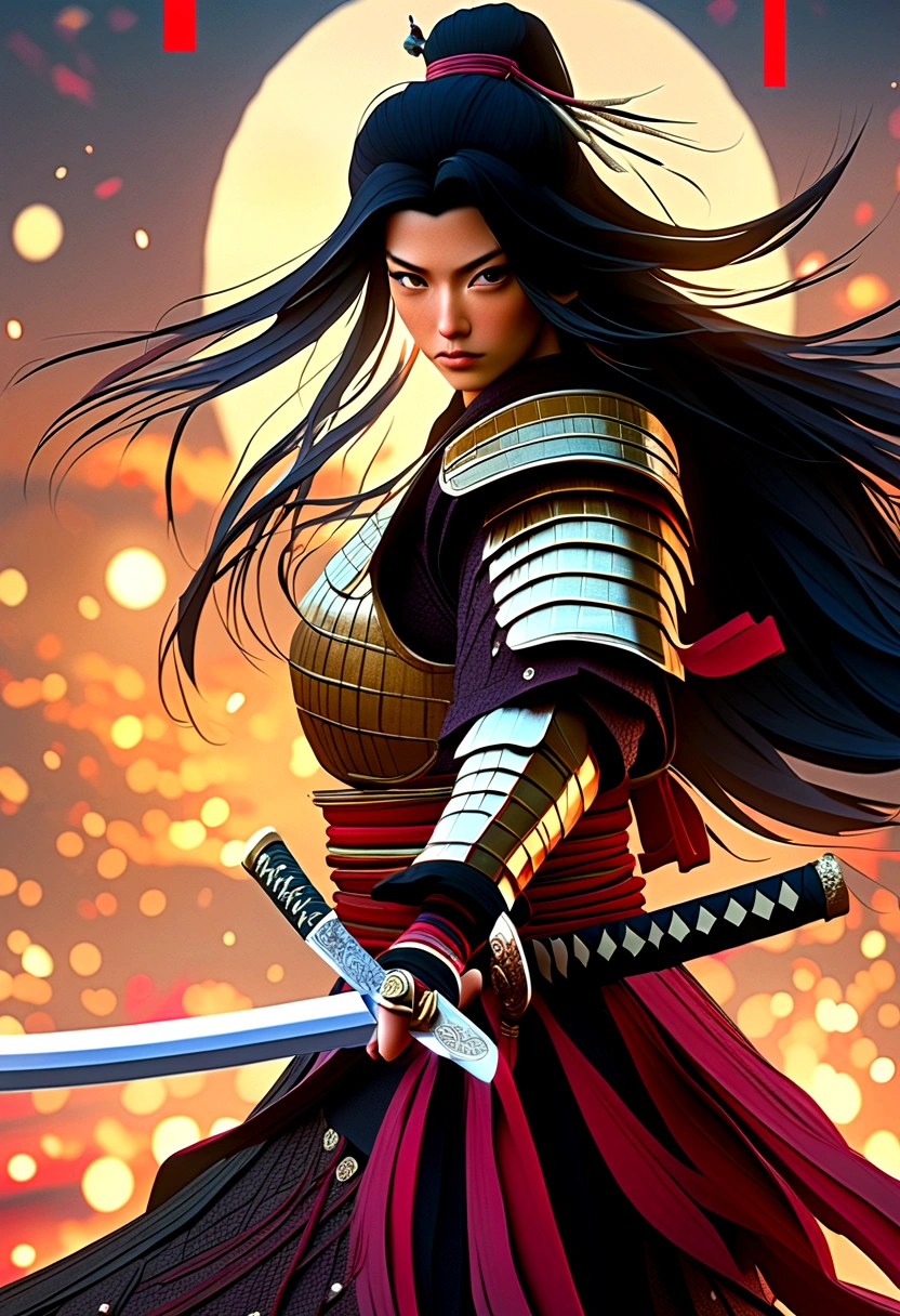 a picture of Japanese female samurai, she has long black hair, wearing samurai armor, armed with a katana, ready for battle, dynamic angle,, Japanese fantasy art, (Masterpiece: 1.5), 16k, highres, best quality, high details, ultra detailed, masterpiece, best quality, (extremely detailed), arafed, dnd art, , magical dagger