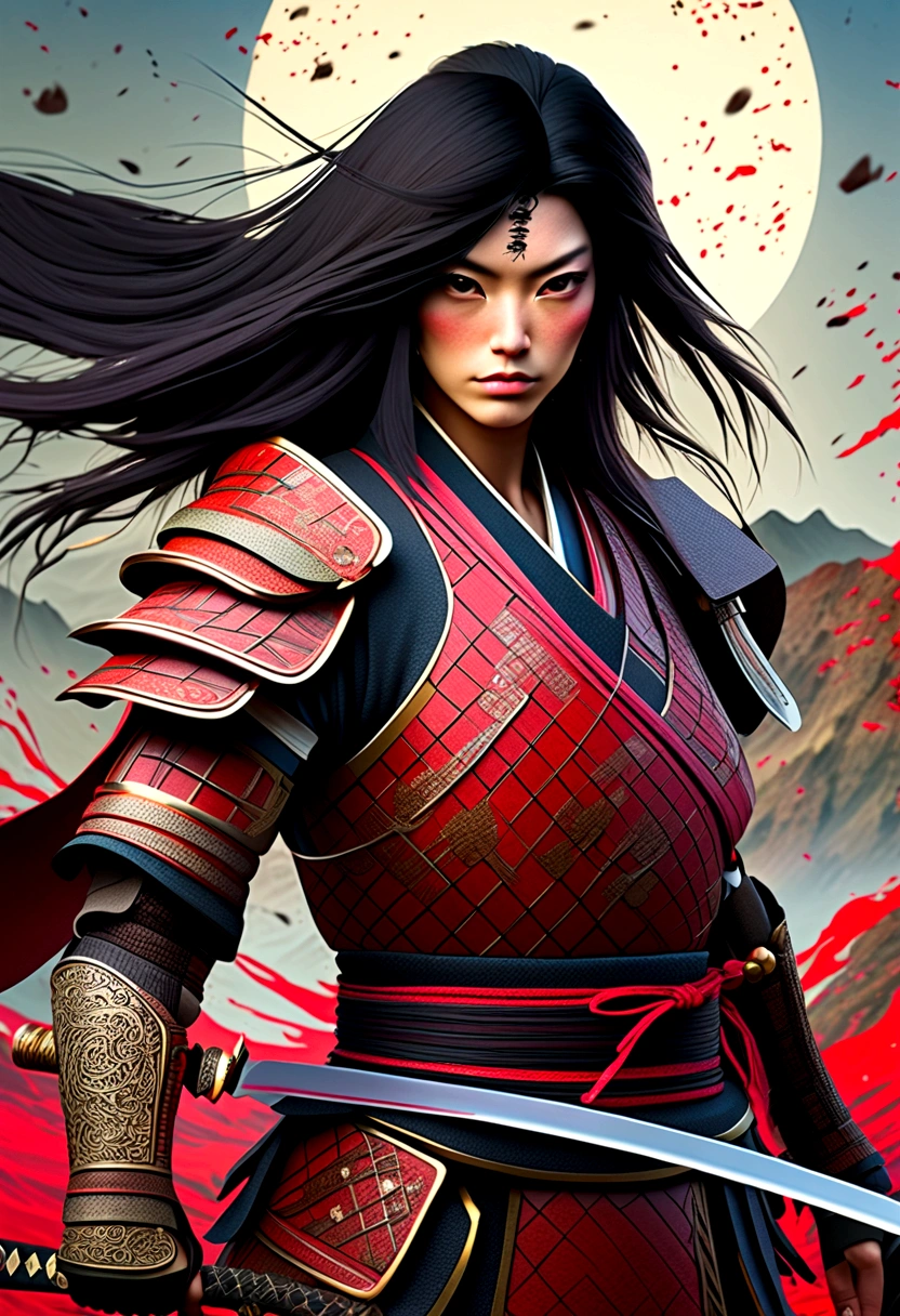 a picture of Japanese female samurai, she has long black hair, wearing samurai armor, armed with a katana, ready for battle, dynamic angle,, Japanese fantasy art, (Masterpiece: 1.5), 16k, highres, best quality, high details, ultra detailed, masterpiece, best quality, (extremely detailed), arafed, dnd art, , magical dagger