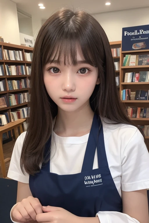 masterpiece, Highest quality, One Girl, (Beautiful girl, Delicate girl:1.3), (16 years old:1.3), Very fine grain definition, (Symmetrical eyes:1.3), (bookstore:1.2), (White shirt, Navy blue apron:1.3), Small breasts, Brown eyes, Parted bangs, Brown Hair, Petit Girl, (Eye and facial details:1.0), Face close-up, Zoom in on face, Face Focus