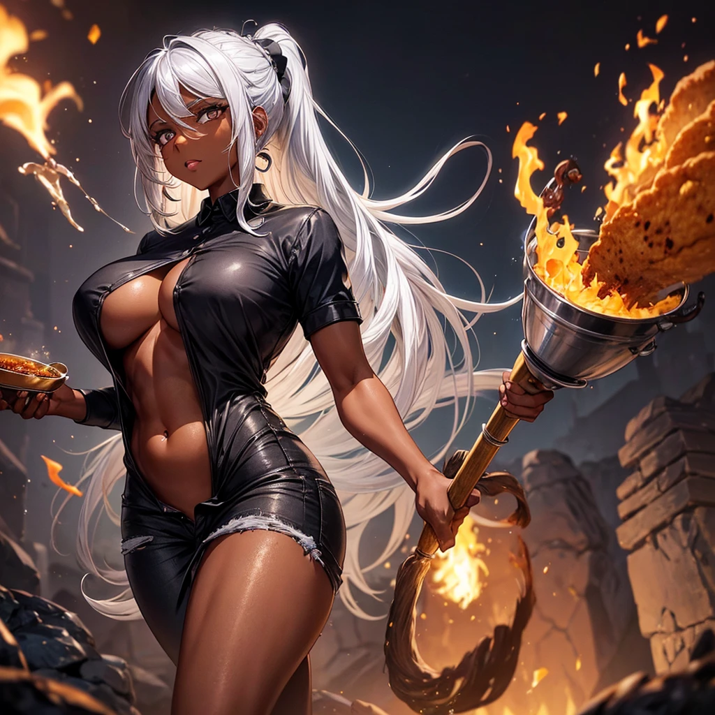 A dark-skinned woman with silver hair in a ponytail, wearing a black dress shirt and slim jeans, with a large penis growing out of her vagina, is frying curry bread Showing your belly button