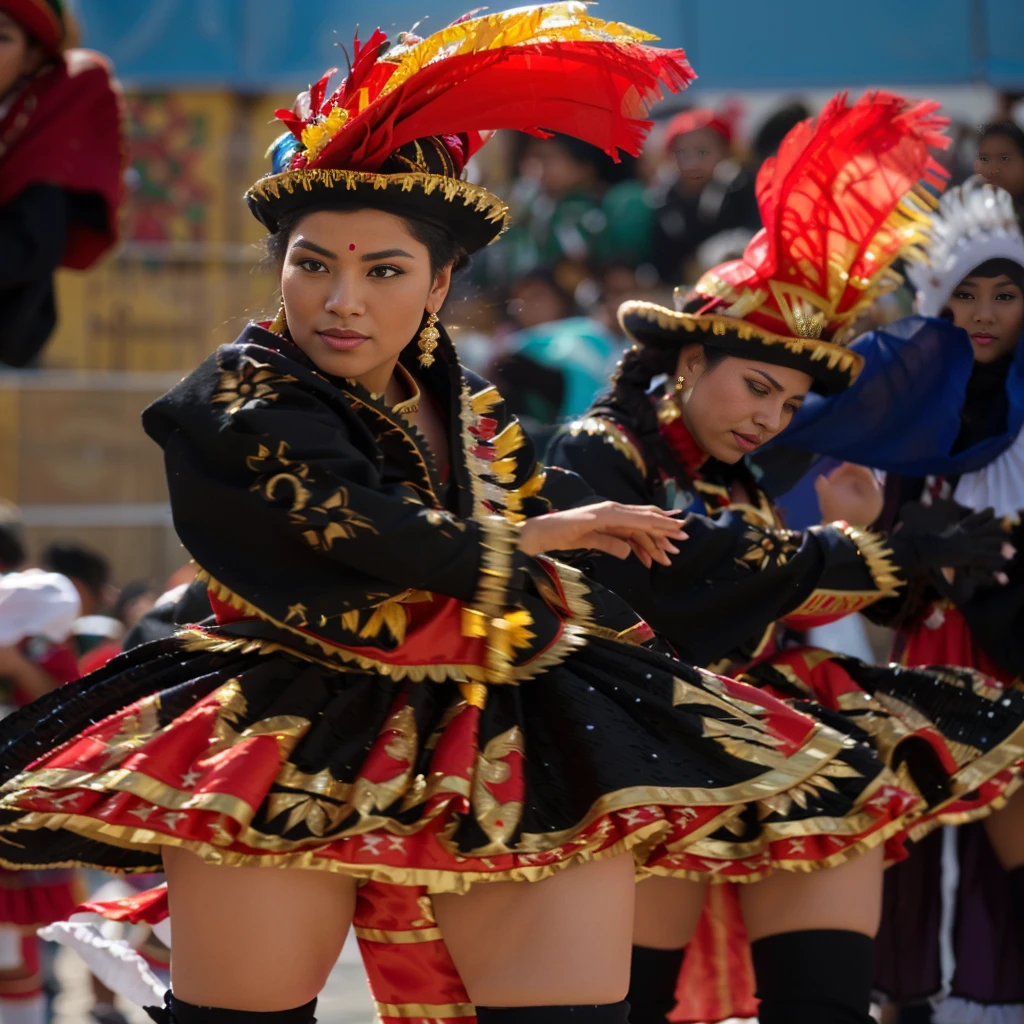 A beautiful girl dancing in Oruro, traditional Bolivian dance, Oruro. She wears an elaborate Diablada costume: black cape with red bib, white jacket decorated with sequins and flower designs with gold glitter, (red petticoat) red skirt with gold trim. Elegant long white gloves. Red boots adorned with floral designs. (Bolivian dance), seductive body, blonde, blue eyes. a costumed women dance in front of a crowd., Bolivian cholitas, beautiful costume, traditional costume, folkloric, traditional clothing, luxuriously dressed, still style, elaborately dressed, Aztec dance dancers, by Rodolfo Morales, traditional clothing.