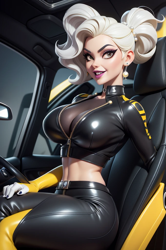 obra prima, melhor qualidade, (emma peel vamp 70yo face wrinkles) head back, sassy wicked girl, big toothy smile, open mouth, ((shiny pearl white lipstick,)) thick smoky black eye shadow, long fake eyelashes, raven black mullet hair, ((totally yellow leather spy girl suit,)) with studs zippers snaps, shiny leather gloves, body is skinny, reclining in car seat, dazzle pose, pinup pose, exaggerated selfie pose, camera view of the back of her body, looking down at me, shallow depth of field, highres, HD, 8k, anatomically correct