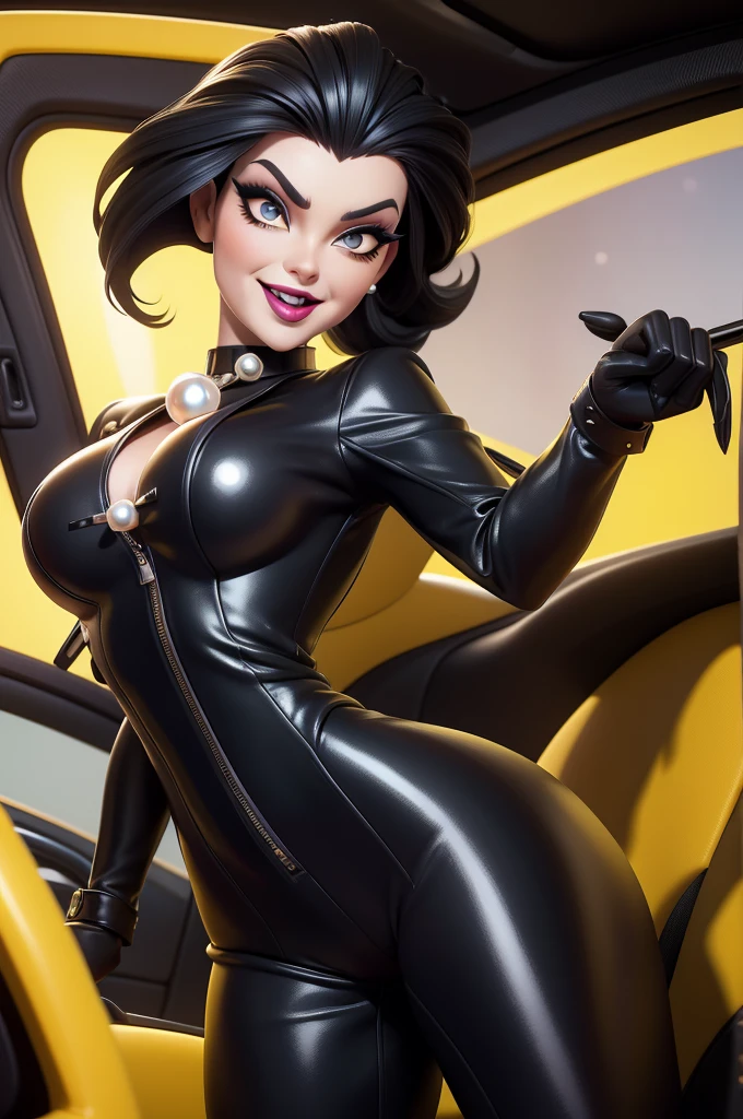 obra prima, melhor qualidade, (emma peel vamp 70yo face wrinkles) head back, sassy wicked girl, big toothy smile, open mouth, ((shiny pearl white lipstick,)) thick smoky black eye shadow, long fake eyelashes, raven black mullet hair, ((totally yellow leather spy girl suit,)) with studs zippers snaps, shiny leather gloves, body is skinny, reclining in car seat, dazzle pose, pinup pose, exaggerated selfie pose, camera view of the back of her body, looking down at me, shallow depth of field, highres, HD, 8k, anatomically correct