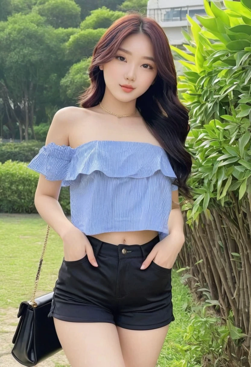 ((Best high quality:1.2)), Work of art, (8k), extremely detailed, ((High detail:1.2)), Solo, 24 year old Korean Ulzzang female, (crop strapless, 
mini-shorts),