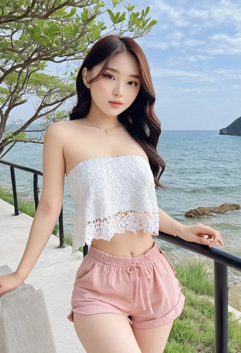 ((Best high quality:1.2)), Work of art, (8k), extremely detailed, ((High detail:1.2)), Solo, 24 year old Korean Ulzzang female, (crop strapless, 
mini-shorts),