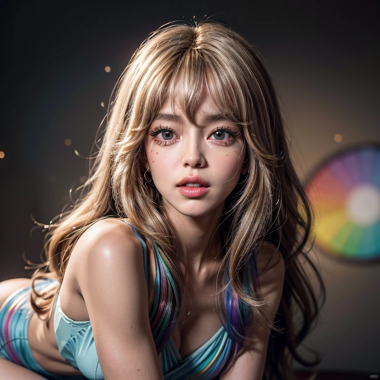 NSFW, 8k, High-level, absurd, masterpiece, best quality, primitive, very detailed CG, very detailed wallpaper, perfect lighting, Extremely detailed ((( personifying " Farrah Fawcett Majors " as a Little Girl))), MysticSight, Tyndall effect, Tyndall scattering, (Studio gray background with (Overflowing oodles Dazzling RainbowColorParticles (BokeH))), (RoundlyButts, ThighGap), (Exposed:0.4), (Assfocus with looking ahead) BREAK  (Acutance:0.88), (NOGIZAKA face variations) Extremely Detailed very KAWAII face variations, perfect anatomy, Childish, CaptivatingGaze ElaboratePupils detailed Eyes with (sparkling highlights:1.28), (Voluminous LongEyelashes、GlossyRED Lips with beautiful details, RosyCheeks, Radiant PearlSkin with Transparency . { (Dynamic LifeLike expressions:1.4) | :d) }, (large eyes:-1) .