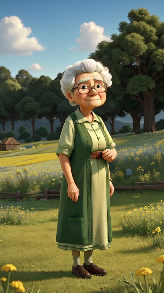 an old grandmother is grieving against the background of a green field and there is a towering phoron.