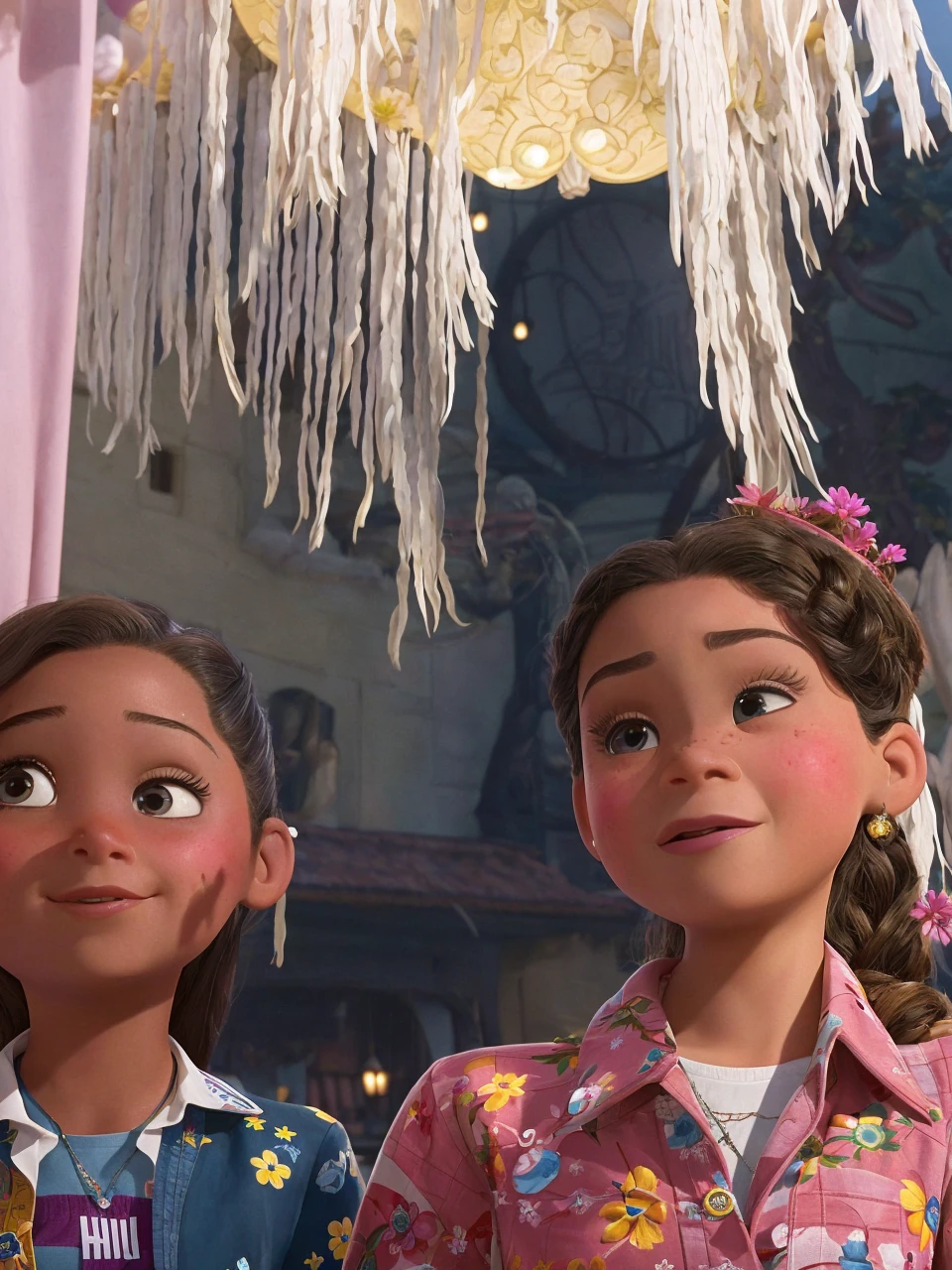 Cartaz estilo filme com o nome Luna, with a light-skinned eight-year-old Brazilian , cabelos pretos longos nao muito lisos, olhos pretos pequenos, [[sem make]], com  vestido vermelho e florido , ambiente urbano, dia radiante, estilo disney pixar
