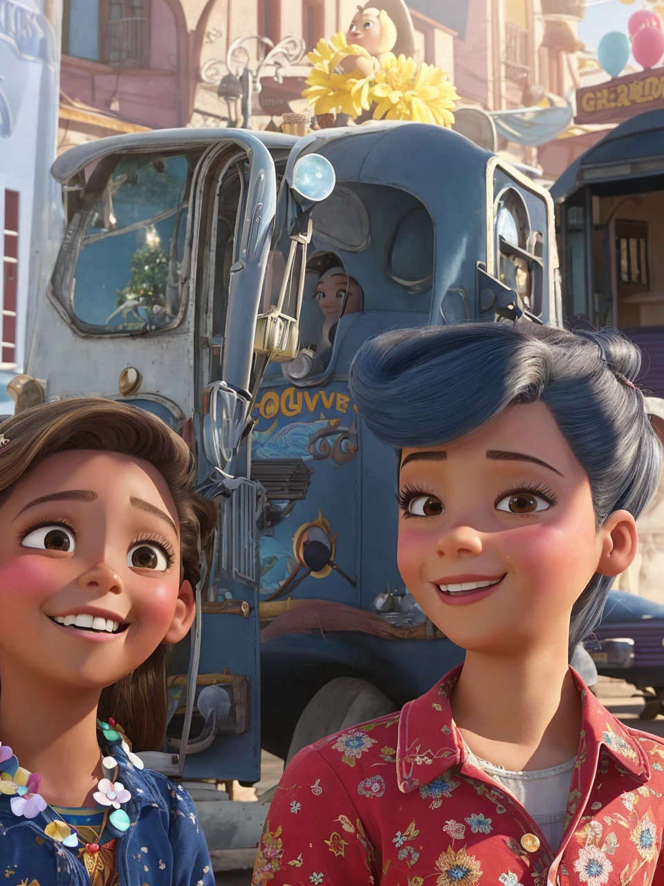 Cartaz estilo filme com o nome Luna, with a light-skinned -year-Brazin , cabelos pretos longos nao muito lisos, olhos pretos pequenos, [[sem make]], com  vestido vermelho e florido , ambiente urbano, dia radiante, estilo disney pixar