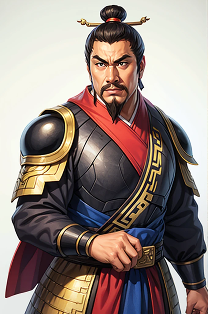 white background, 1 male，Three Kingdoms killing style:1.0，ancient Chinese background，attentive face, High image quality，masterpiece，best quality，ultra high resolution, General, black heavy armor