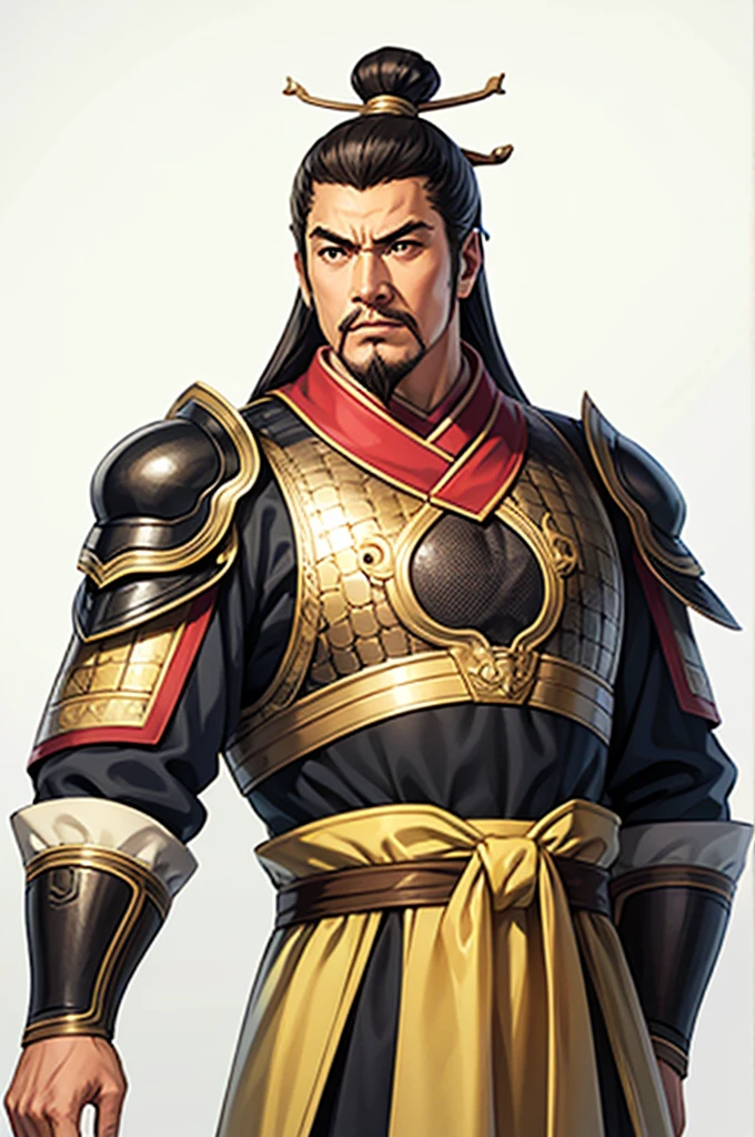 white background, 1 male，Three Kingdoms killing style:1.0，ancient Chinese background，attentive face, High image quality，masterpiece，best quality，ultra high resolution, General, black heavy armor