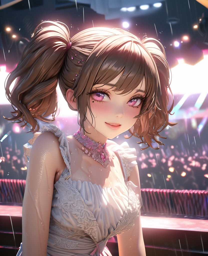 one girl, staring at the audience, beautiful pink eyes, brown hair in short twin tails, mole under eye, plump glossy lips, heart shaped choker, idol, her name is Mei, smiling, . . . 3D, realistic, idol's costume was drenched in heavy rain, her chest was wet and see-through, heavy rain at outdoor concert, draped clothes, jewelry and decorations removed, floral patterns, lace trim, glittering on stage, masterpiece, best quality, 8k, detailed skin texture, detailed fabric texture, beautifully detailed face, intricate details, highly detailed, ultra high resolution, 8k Ultra HD, film grain, best shadows, delicate, staring at the audience, front