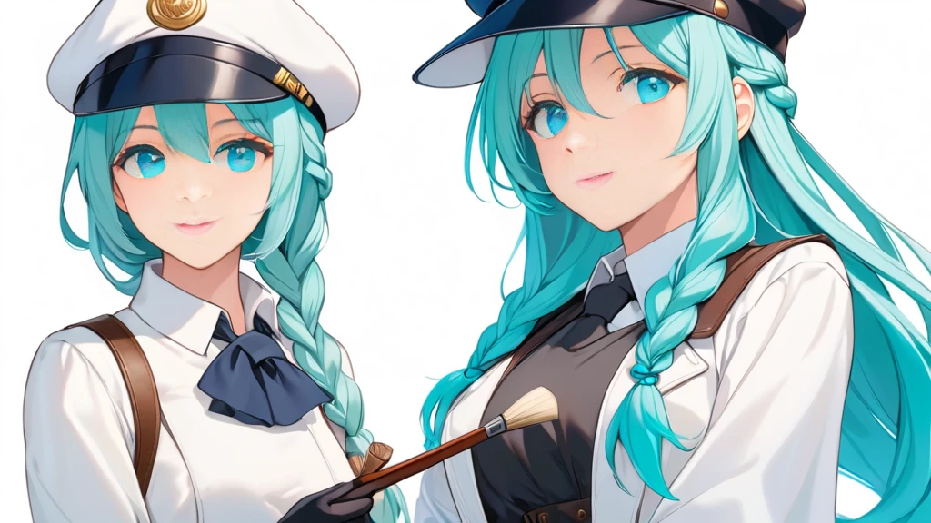Female, woman, mature, Beautiful, Humble, Kind, long hair upper waist Stright Braided Hairstyles, Aqua blue pupil eyes colour, bright cyan Hairs, leather white wear Newsboy Cap, white dress flowing with skirt, wear leather white female gloves, holding small brush, Anime style, vivid colours, (White backgrounds:1.1)