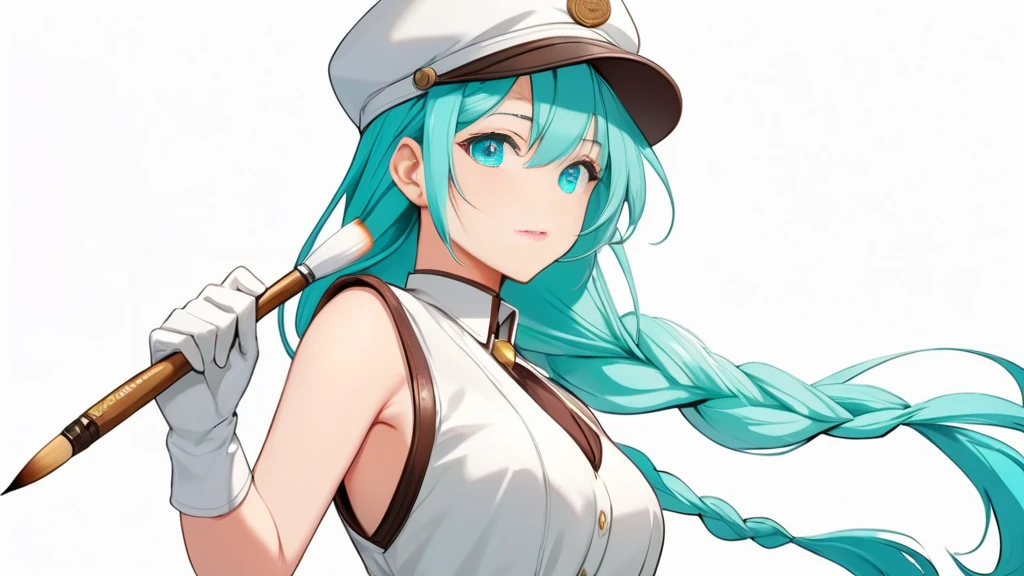 Female, woman, mature, Beautiful, Humble, Kind, long hair upper waist Stright Braided Hairstyles, Aqua blue pupil eyes colour, bright cyan Hairs, leather white wear Newsboy Cap, white dress flowing with skirt, wear leather white female gloves, holding small brush, Anime style, vivid colours, (White backgrounds:1.1)