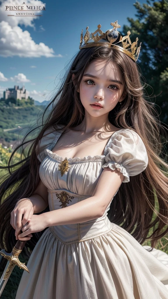 Criar uma capa de livro com nome titulo no meio "princesa mirim" on the cover I want one in the middle with a light colored dress with a crown and a wooden sword in her hand with a fearless look and a mountain with a castle behind her