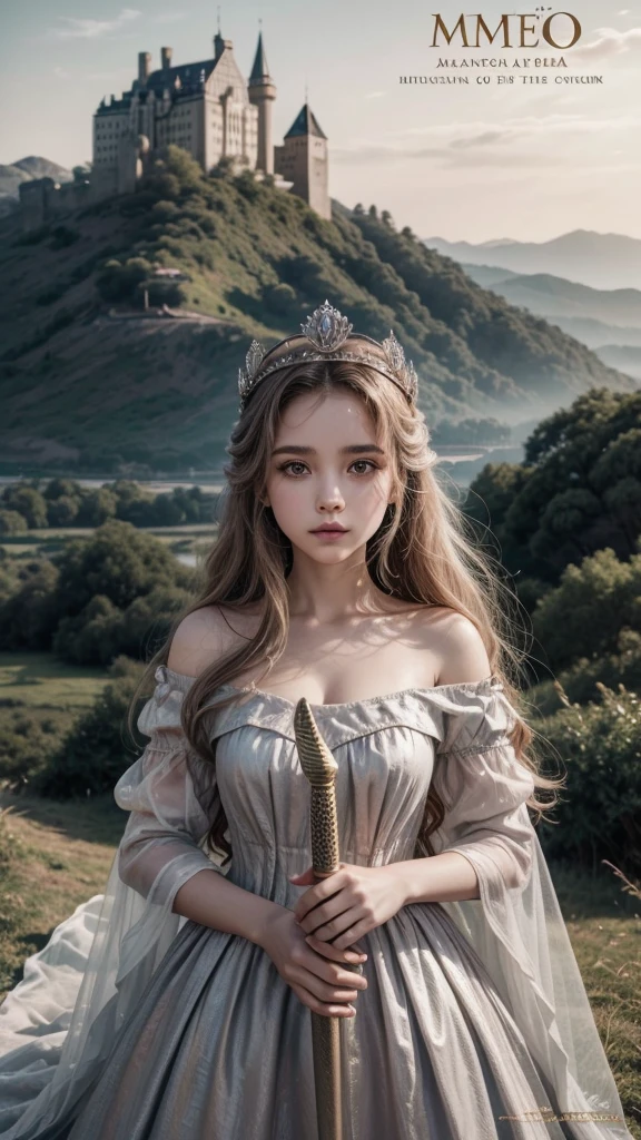 Criar uma capa de livro com nome titulo no meio "princesa mirim" on the cover I want one in the middle with a light colored dress with a crown and a wooden sword in her hand with a fearless look and a mountain with a castle behind her