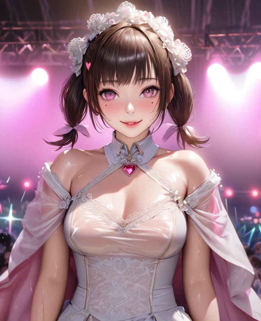 One Girl、Looking at the audience、lovely,
Beautiful pink eyes、short twin tail hair , Mole under the eye、Plump and glossy lips、Heart-shaped choca、Idol、Her name is Rico,smile、ー、。.。.。.。.。.。.。.。.。.。.。.。.。.。.。.。.。.。.3D、Realistic、
The idol's costume was soaked in the heavy rain, and her chest was wet and transparent.Heavy rain at outdoor concert, Drape clothes、gem、The decoration has been removed、Floral、Lace trim,On a glittering stage、
masterpiece、highest quality、8k、Detailed skin texture、Detailed cloth texture、Beautifully detailed face、Intricate details、Very detailed、
超A high resolution、8k Ultra HD、Film Grain、Best Shadow、delicate、Gazing at the audience、front