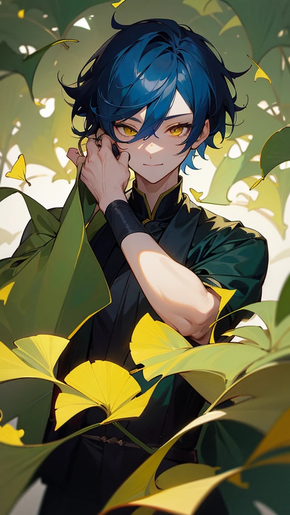 1man,dark blue hair,best quality,masterpiece,extremley,yellow eyes,male focus,beautiful eyes, make a head hands, wink, smile, ginkgo leaves in background.