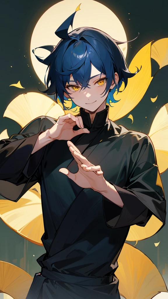 1man,dark blue hair,best quality,masterpiece,extremley,yellow eyes,male focus,beautiful eyes, make a head hands, wink, smile, ginkgo leaves in background.