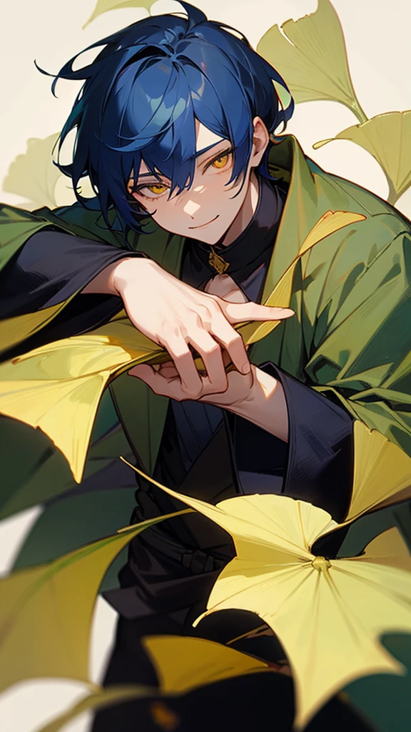 1man,dark blue hair,best quality,masterpiece,extremley,yellow eyes,male focus,beautiful eyes, make a head hands, wink, smile, ginkgo leaves in background.