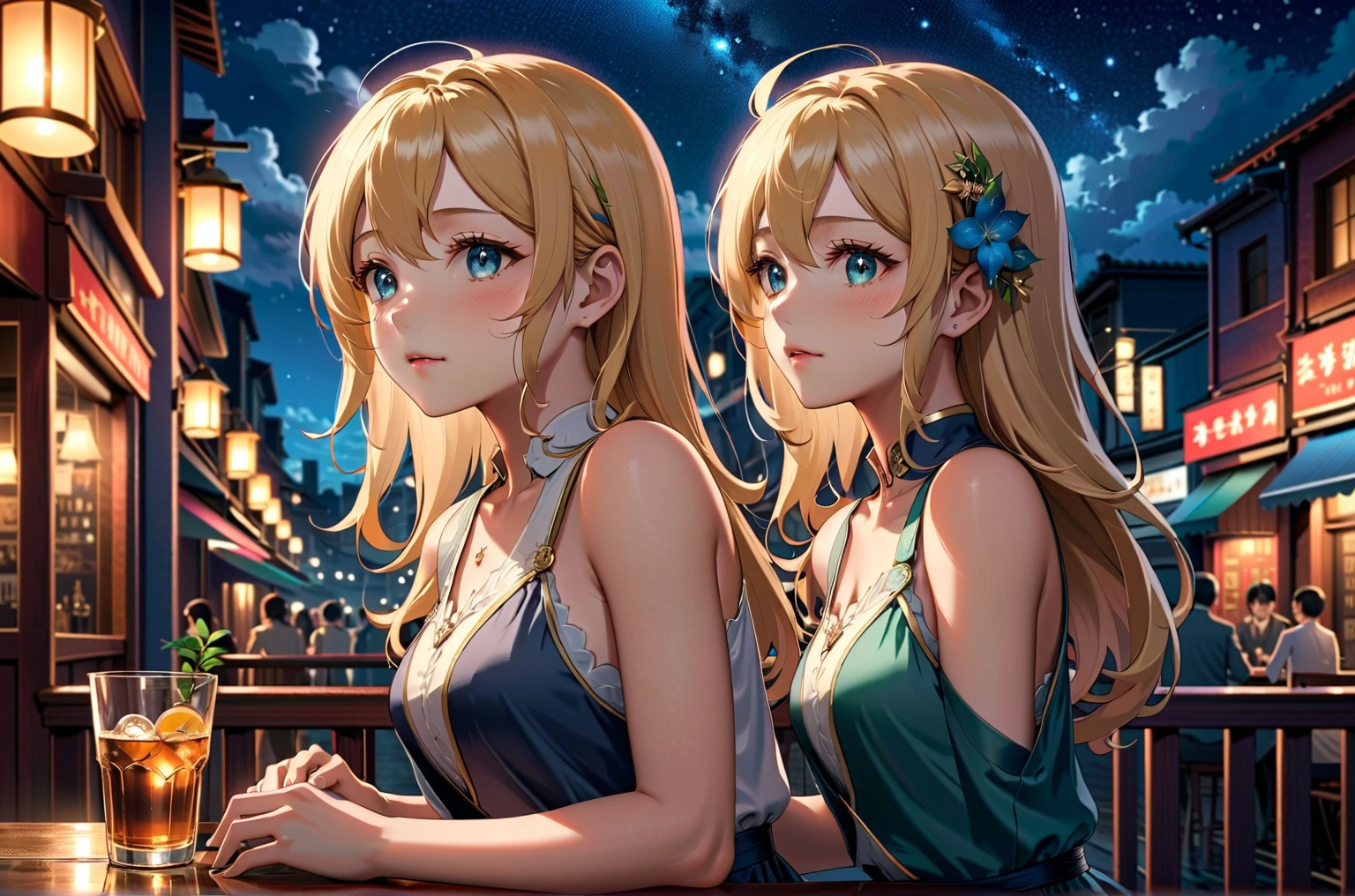 Uses Makoto Shinkai'The depiction is perfect,Portrait of Riyoko Takagi 8k 4k masterpiece photo ,Glass ceiling jazz bar,Outside the window is a dim night view,The stars are twinkling in the sky,Profile close-up,Semi-long hair,sexy,Large bust,Wearing a sleeveless shirt,blonde,Draw fingertips and toes more accurately,The most beautiful woman in the world,Age 35,